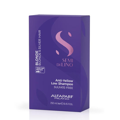 Alfaparf Milano Professional Semi Di Lino Blonde Anti-Yellow Low Shampoo | blonde | silver hair | maintain cooler, natural shade | combat yellow undertones | gentle cleansing | essential hydration | locks soft | shiny | regular use | vibrant hair.