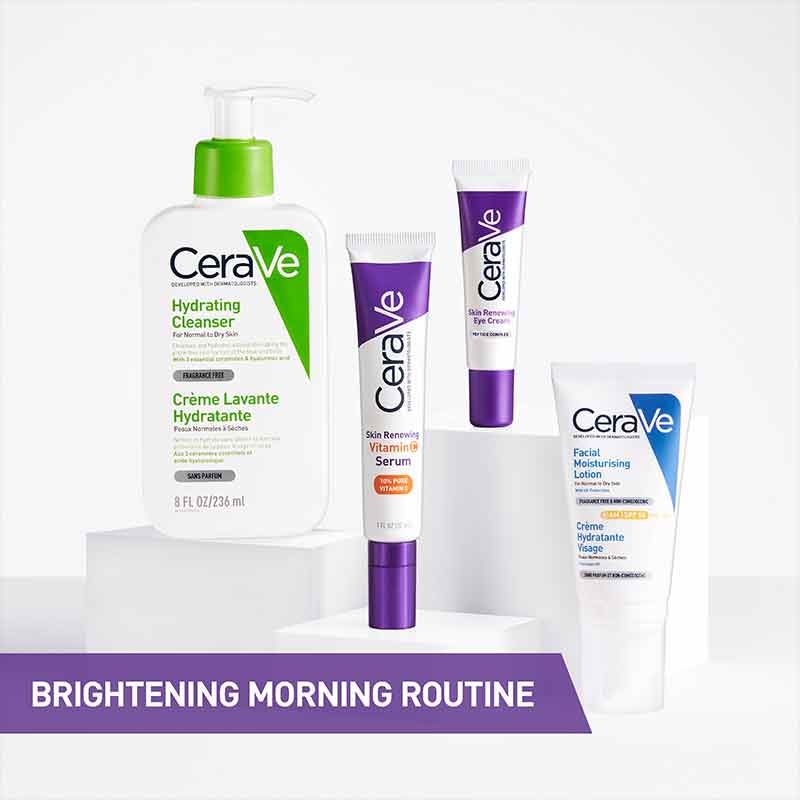 CeraVe Skin Renewing 10% Pure Vitamin C Serum, CeraVe brightening skincare routine, skincare routine for dull skin