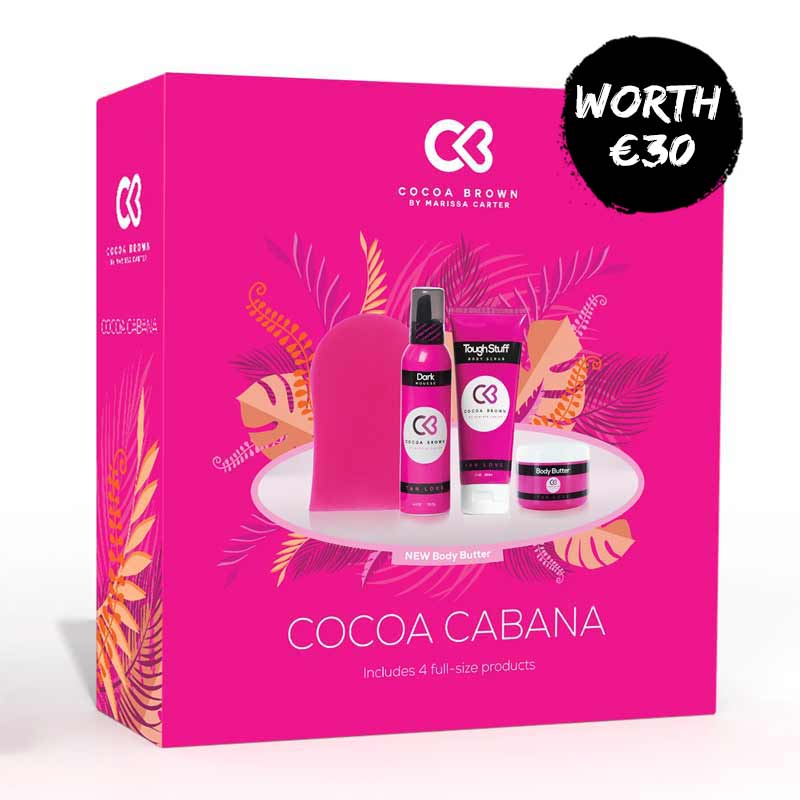 Cocoa Brown Cocoa Cabana | Tanning Gift Set | 4 full sized products | 1 HOUR Tan | Self Tan Mousse | Dark | Tough Stuff - Body Scrub | Exfoliate| smooth | soft | flawless tan | Body Butter | nourishing | moisturising | hydrates | softens | Velvet Self Tan Mitt