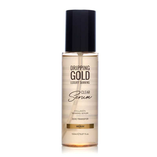 Dripping Gold Clear Tanning Serum | Medium | Buildable formula | Enriched with Collagen | Hyaluronic Acid, Niacinamide, Chamomile Extract | Firmer, youthful-looking skin | Naturally glowing, smooth, hydrated | Lightweight, non-greasy | No stains on clothes or sheets