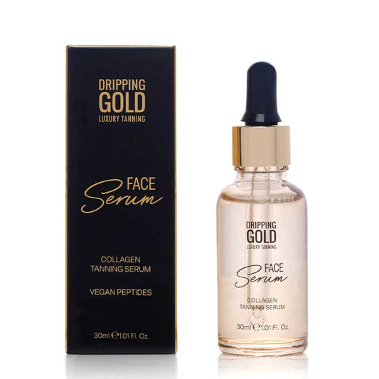 Dripping Gold Face Collagen Tanning Serum | Tanning meets skincare | Infused with Collagen, Hyaluronic Acid | Hydrates, firms skin | Customizable, buildable | Natural tan | Glowing, smooth, hydrated skin