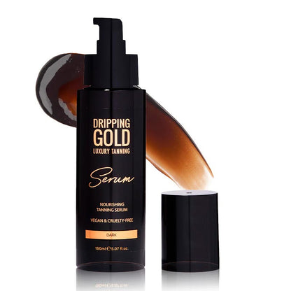 Dripping Gold Tanning Serum | Dark | luxury | skincare | tanning | vitamin-infused formula | nourishing ingredients | glide on | blend | seamless tan | deep tone | natural radiance | gorgeous self tan | pamper your skin