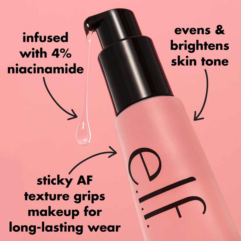 e.l.f. | Power Grip | Primer + Niacinamide | long-lasting makeup | sticky | gel-based | 4% niacinamide | grip makeup | minimize pores | even out skin tone | brighten | dewy finish | vegan | cruelty-free | all skin types | translucent finish | makeup longevity