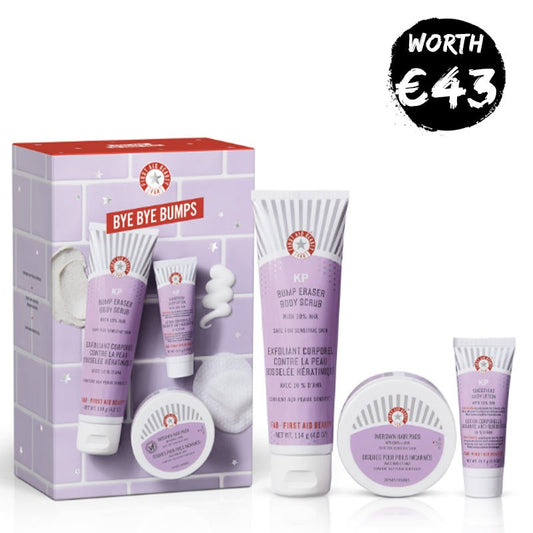 First Aid Beauty Bye Bye Bumps Kit | body scrub ingrown hair pads and kp body lotion]