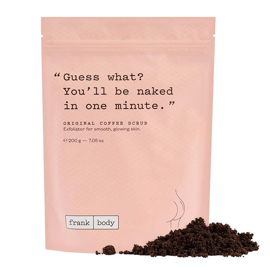 Frank Body Original Coffee Scrub | body scrub | work | magic | breakouts | scars | cellulite | stretch marks | top seller | coffee | vitamin E | antioxidant-rich oils | skin | youthful | even | smooth | delicious | orange Frappuccino scent | vegan | absolute | must have.