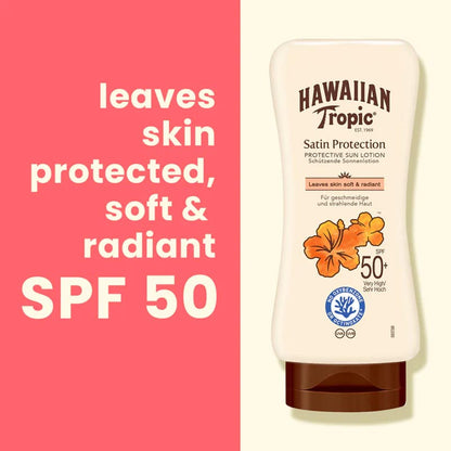 Hawaiian Tropic | Satin Protection | Lotion | SPF 50 | UVA | UVB protection | nourish | skin health | lightweight | fast absorbing | non-greasy | prevents | tropical scent | sun safe | radiance | glow