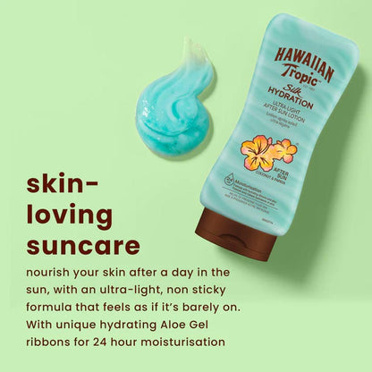 Hawaiian Tropic | Silk Hydration | After Sun | lightweight body lotion | deep moisturization | skin | rich | Aloe | hydrating | cooling | support | skin health | prolonging tan | coconut | papaya | aloe gel