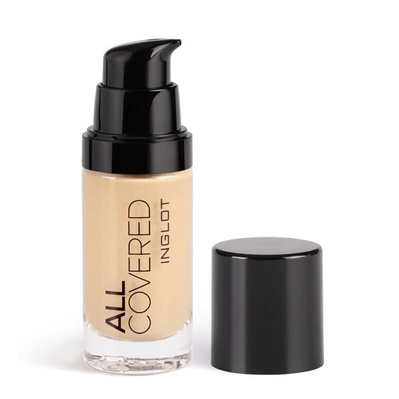 Inglot | All Covered Foundation | skin-loving ingredients | smooth complexion | radiant complexion | conceals imperfections | conceals redness | conceals discolouration | new and improved formula | water-resistant | lightweight formula | suitable for sensitive skin | anti-aging | bioactive peptides | 30ml | cruelty-free | vegan