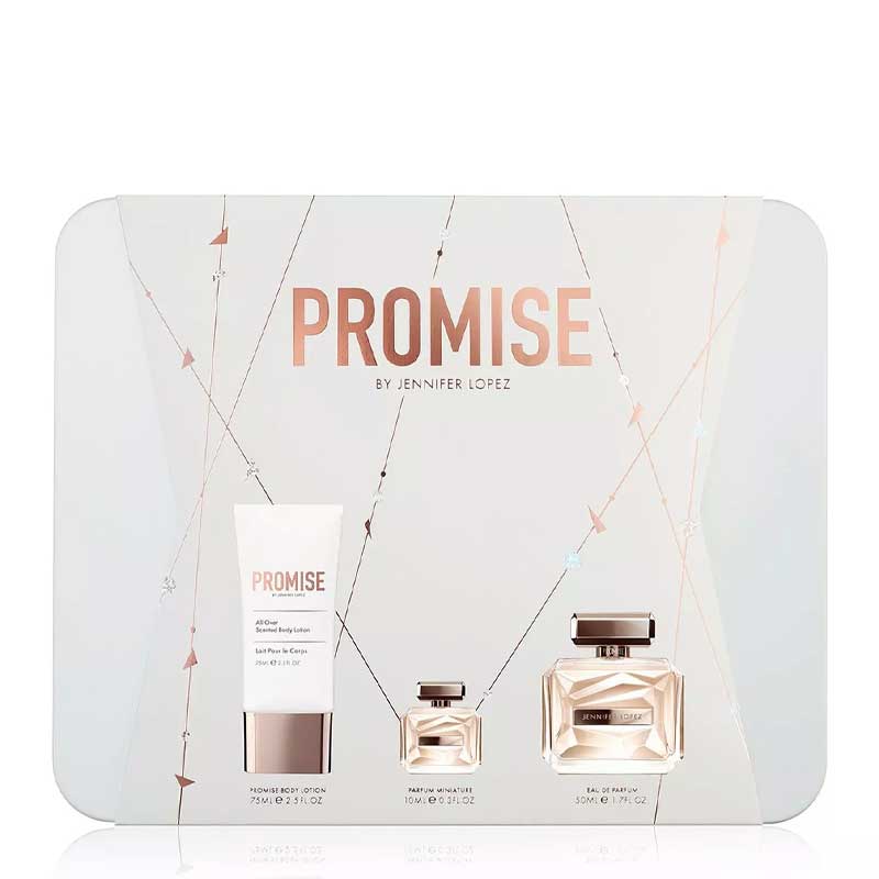 Jennifer Lopez | Promise | Gift Set | 50ml | Eau De Toilette | 75ml | body lotion | 10ml | mini fragrance | keepsake tin | timeless promises | floral | woody | Italian Tangerine | Pink Berries | Nashi Pear | Orris | Jasmine Sambac | Dewy Honeysuckle | woody notes | crystalized Amber