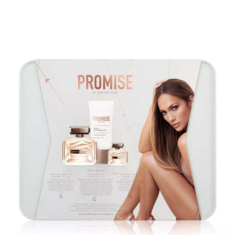 Jennifer Lopez | Promise | Gift Set | 50ml | Eau De Toilette | 75ml | body lotion | 10ml | mini fragrance | keepsake tin | timeless promises | floral | woody | Italian Tangerine | Pink Berries | Nashi Pear | Orris | Jasmine Sambac | Dewy Honeysuckle | woody notes | crystalized Amber