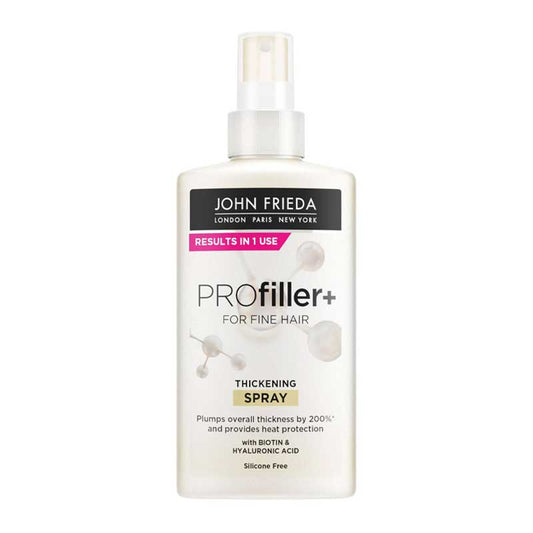 John Frieda PROfiller+ Thickening Spray | lightweight | styling | instantly creates | more hair | infused with Biotin | infused with Hyaluronic Acid | thicker | fuller | stronger | heat protection | promotes stronger hair | less breakage | boost | fine | thin hair