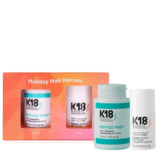 K18 Holiday Hair Heroes Gift Set, K18 Peptide Prep Detox Shampoo, K18 Leave-In Molecular Repair Hair Mask, haircare gift sets for damaged hair