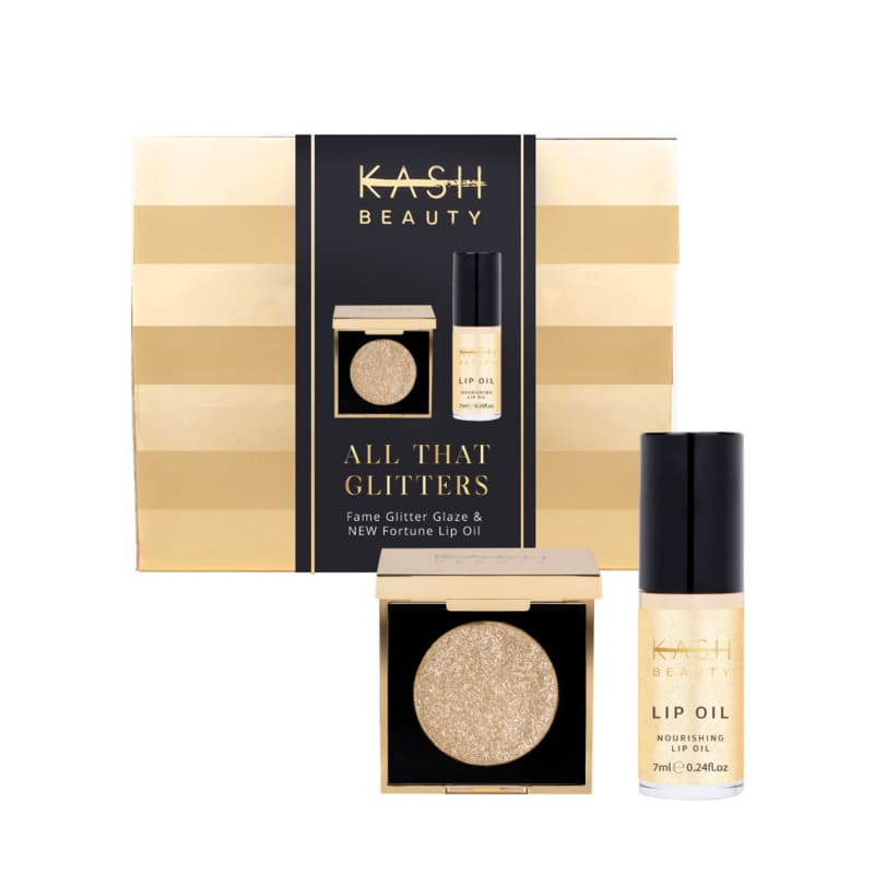 KASH Beauty All That Glitters Gift Set, Fame Glitter Glaze eyeshadow, lip oil, makeup gift set, shimmery lip oil, Christmas gifts 2024, gifts for her, makeup gifts