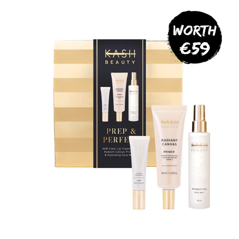 KASH Beauty, Prep & Perfect Gift Set, Radiant canvas primer, Hydrating setting spray, KASH Beauty lip treatment, skin prep