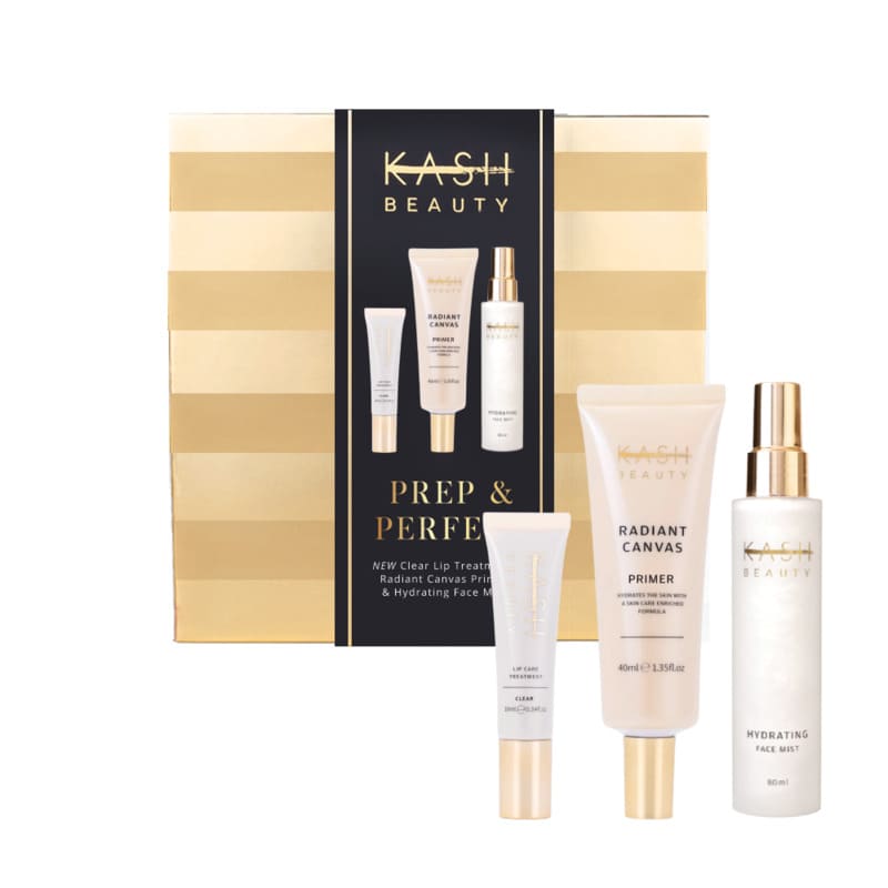 KASH Beauty Prep & Perfect Gift Set, Radiant canvas primer, Hydrating setting spray, KASH Beauty lip treatment, skin prep