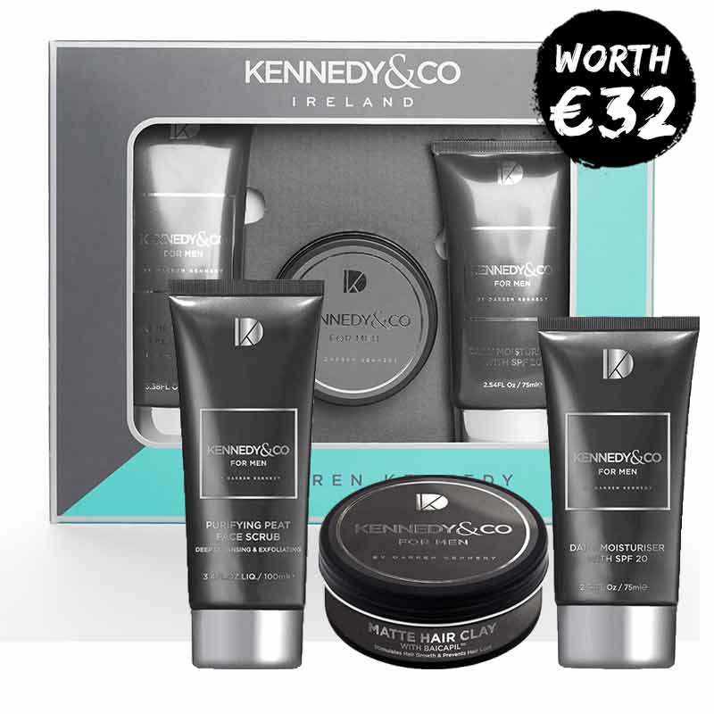 Kennedy & Co Mens Gift Set: Moisturiser, Hair Clay & Peat Scrub | hair clay gift for him | skincare and haircare gift for him | peat face scrub | matte hair clay | daily moisturiser for men