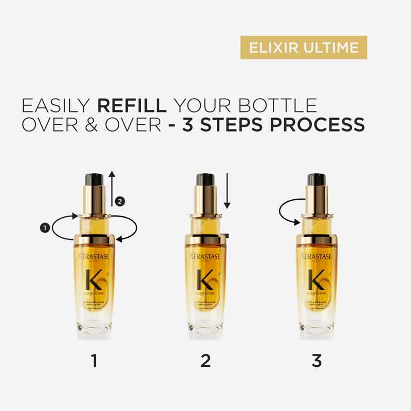 Kérastase Elixir Ultime Hair Oil with 75ml Refill, 3 step process, hair oil for dry, frizzy, dull hair