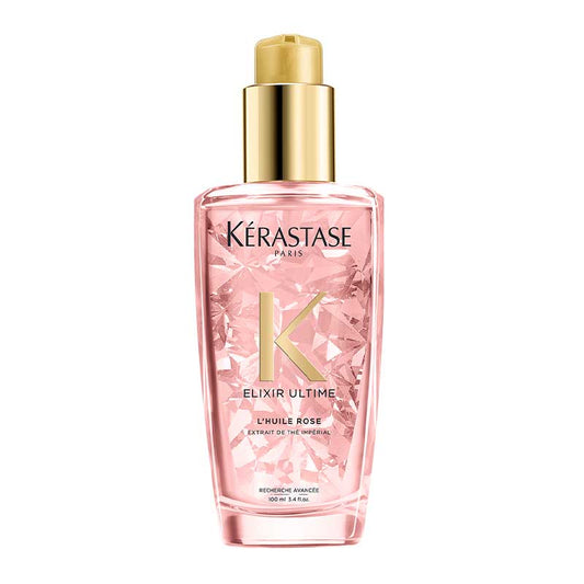 Kérastase, Elixir Ultime Range, L'Huile Rose Radiance Sublimating Oil, enhance color radiance, nourish hair, long-lasting frizz control, irresistible shine.