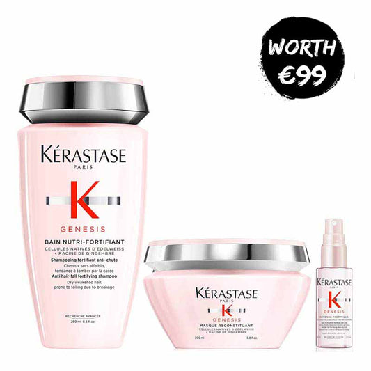 Kérastase Genesis Nutri-Fortifiant Bundle | Includes Bain Nutri-Fortifiant Anti Hair-Fall Fortifying Shampoo, Anti Hair-Fall Intense Fortifying Masque, and Défence Thermique Anti Hair-Fall Fortifying Blow-Dry Fluid | Strengthens weakened hair prone to falling | Enhances hair strength and scalp health | Protects hair from breakage and heat up to 220°C