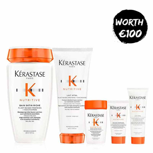 Kérastase, Nutritive range, Riche Home & Away Bundle, Shampoo for dry hair, travel size shampoo, Nutritive Nectar Thermique, hair nourishment and protection, conditioner that smooths dry hair, Blow dry milk, hair heat protection