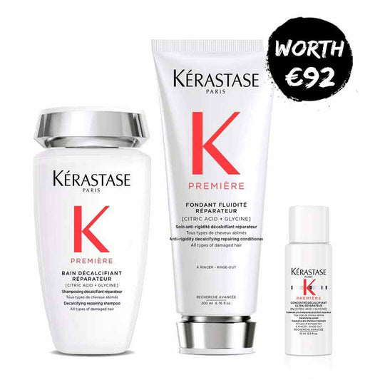 Kérastase Première Decalcifying Repairing Trio | Includes Pre-Shampoo Treatment, Repairing Shampoo, and Conditioner | Removes excess calcium and repairs damage | Gently cleanses and restores keratin links | Neutralizes rigid feel and protects against breakage | Leaves hair soft, smooth, and manageable