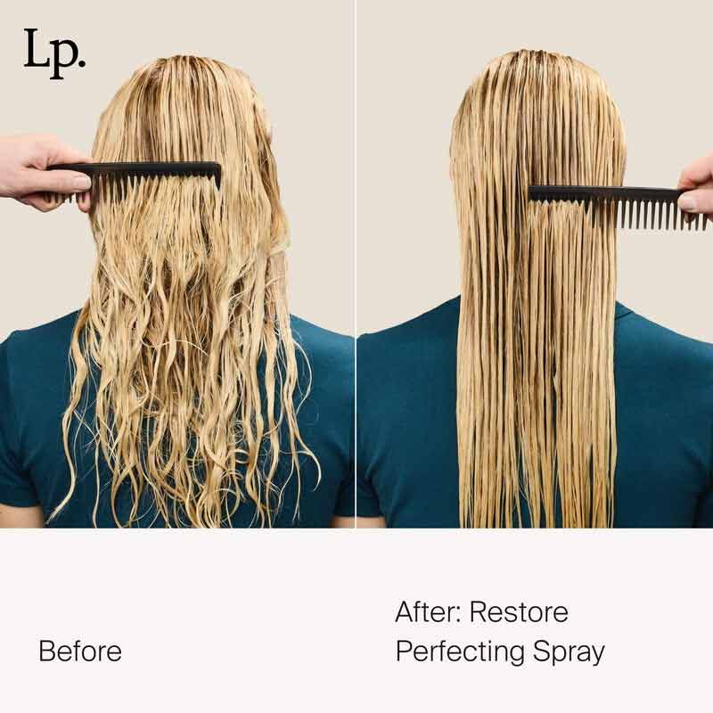 Living Proof Restore Perfecting Spray | conditioning detangler | softens | strengthens | heat protection | 450°F | 232°C.