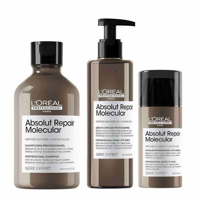 L'Oreal Professionnel Absolut Repair Molecular Complete Set, professional haircare for damaged hair, repairing shampoo