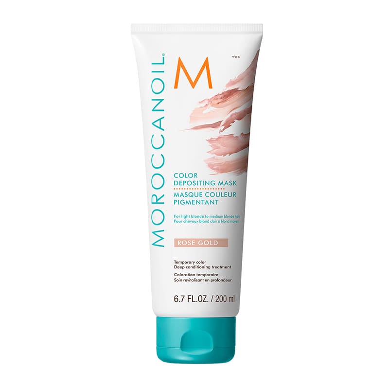 Moroccanoil Rose Gold Colour Depositing Mask | soft pink hair | warm golden undertones | light blonde to medium blonde hair | deep conditioning treatment.