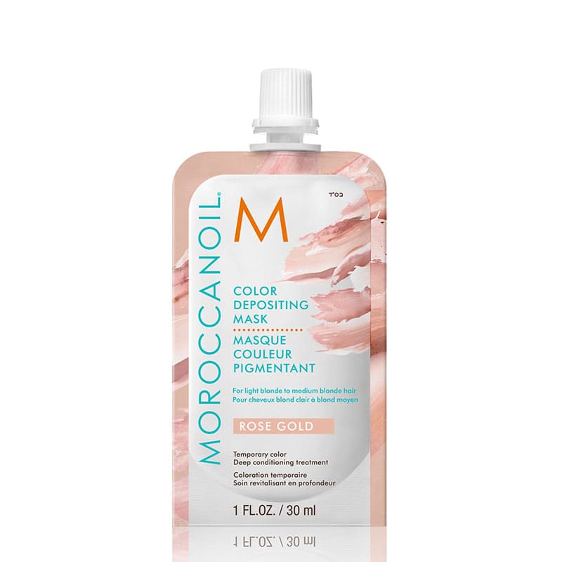 Moroccanoil Rose Gold Colour Depositing Mask | soft pink hair | warm golden undertones | light blonde to medium blonde hair | deep conditioning treatment.