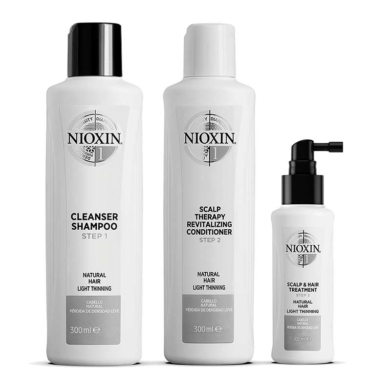 Nioxin | System 1 | Three Part | Loyalty Kit | haircare | natural hair | light thinning | extra boost | volume | thickness | fuller | shampoo | conditioner | leave in treatment | professional quality |scientific innovations | scalp health