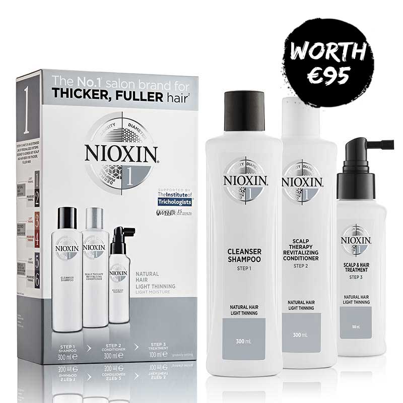 Nioxin | System 1 | Three Part | Loyalty Kit | haircare | natural hair | light thinning | extra boost | volume | thickness | fuller | shampoo | conditioner | leave in treatment | professional quality |scientific innovations | scalp health