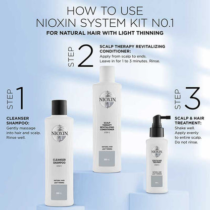 Nioxin | System 1 | Three Part | Loyalty Kit | haircare | natural hair | light thinning | extra boost | volume | thickness | fuller | shampoo | conditioner | leave in treatment | professional quality |scientific innovations | scalp health