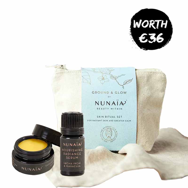 Nunaia Ground & Glow Mini Ritual Gift Set | Nourishing Radiance Serum | Superfood Cleansing Balm | Facial Cleansing Oval | Facial Cleansing Cloth | biodegradable box | 00% compostable | sustainable skincare set | organic cotton | reusable facial cleansing oval