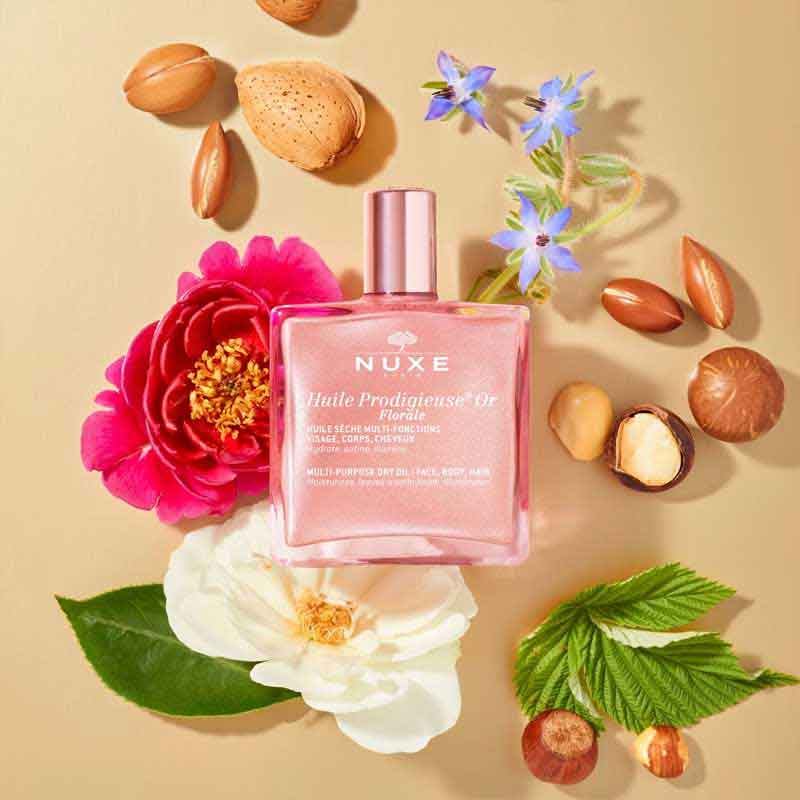 NUXE Huile Prodigieuse Florale Shimmering Multi-Purpose Dry Oil | Shimmery body oil | rose gold shimmering oil | Suitable for all skin types | Contains blend of 7 precious botanical oils | Moisturizes, softens, and illuminates face, body, and hair | dry touch oil | Non-greasy body oil | soft skin | body glow