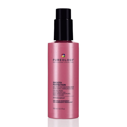 Pureology Smooth Perfection Smoothing Serum protects hair from heat damage and tames frizz while keeping your hair colour fresh and vibrant. Sulfate-free, Paraben-free, Vegan, Cruelty Free