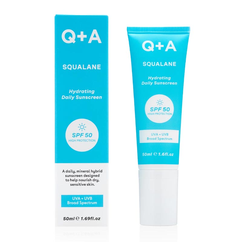 Q+A Squalane Hydrating Face Sunscreen | SPF 50 | Broad Spectrum | Protection | UVA | UVB Rays | Nourishing | Dry Skin | Sensitive Skin | Lightweight | Fast-absorbing | Protected | Hydrated | Calm Complexion