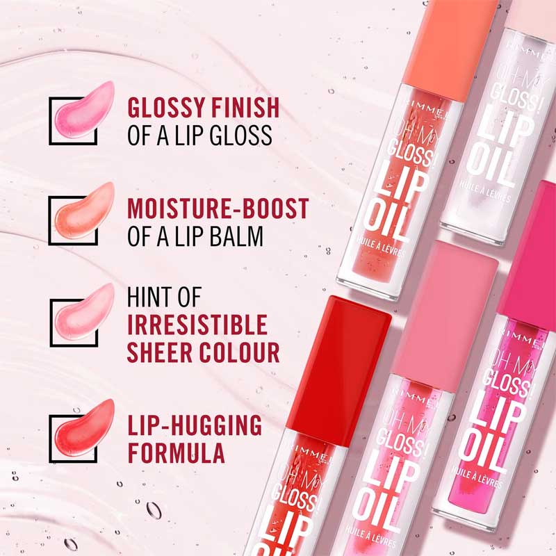 Rimmel London Oh My Gloss! Lip Oil | Nourishing shine | Lip gloss + lip balm benefits | Hydrates and smooths | Sheer hint of color | Non-sticky | Lip-hugging formula | Soft, silky smooth lips