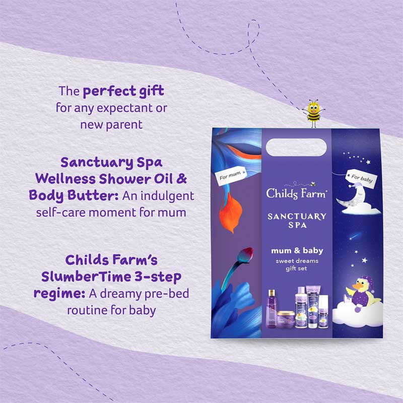 Sanctuary X Childs Farm Mum and Baby Sweet Dreams Gift | gift set | Sanctuary Spa | Childs Farm | SlumberTime 3-step regime | babies | bedtime routine | restful sleep | wellness | nourishing | calming | mum and baby