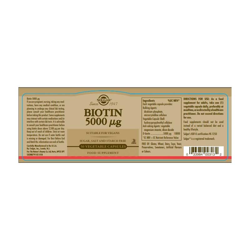 Solgar Biotin 5000 mcg Vegetable Capsules | food supplements | hair growth supplement | biotin supplement