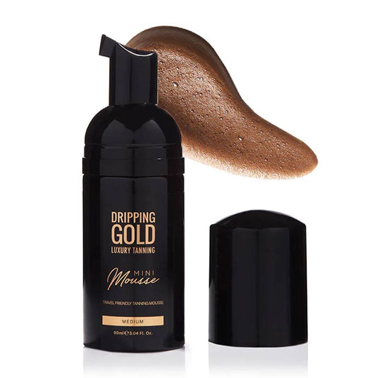 Dripping Gold Mini Mousse | Medium | glides | silky smooth | beautiful bronze | hydrating | skin-loving | Vitamins A and E | Hyaluronic Acid | Goji Berry | Chamomile | travel friendly | on the go