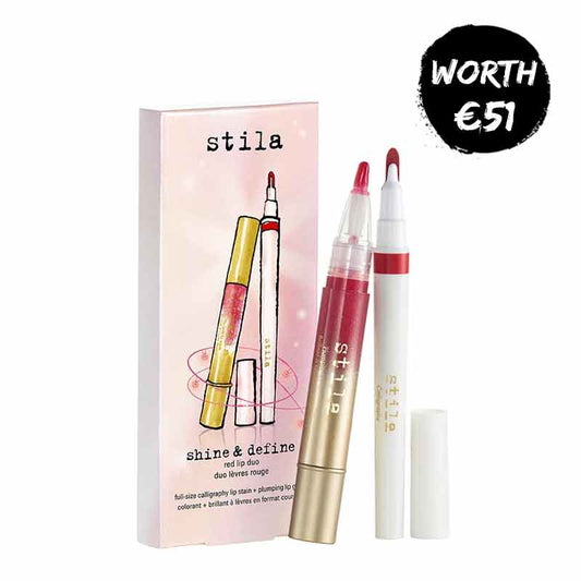 Stila shine and define red lip duo, red caligraphy lip stain, plumping lip gloss