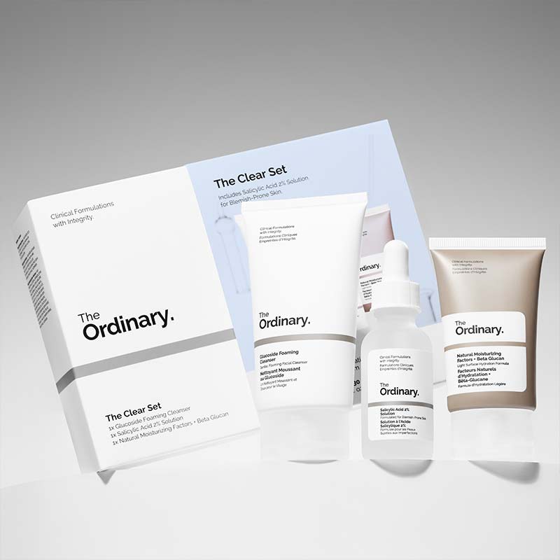 The Ordinary The Clear Set | Glucoside Foaming Cleanser | cleanser | skin | Salicylic Acid 2% Solution | blemish-prone areas | Natural Moisturizing Factors + Beta Glucan | lightweight gel moisturizer