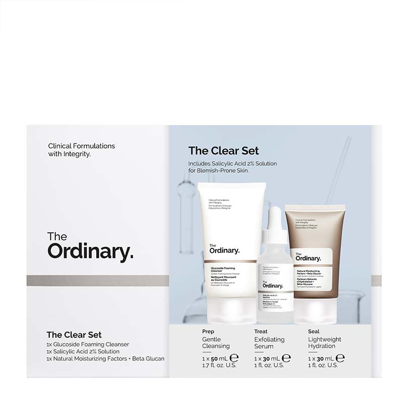 The Ordinary The Clear Set | Glucoside Foaming Cleanser | cleanser | skin | Salicylic Acid 2% Solution | blemish-prone areas | Natural Moisturizing Factors + Beta Glucan | lightweight gel moisturizer