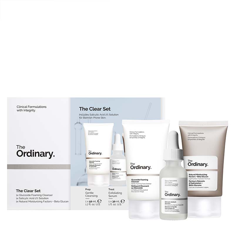 The Ordinary The Clear Set | Glucoside Foaming Cleanser | cleanser | skin | Salicylic Acid 2% Solution | blemish-prone areas | Natural Moisturizing Factors + Beta Glucan | lightweight gel moisturizer